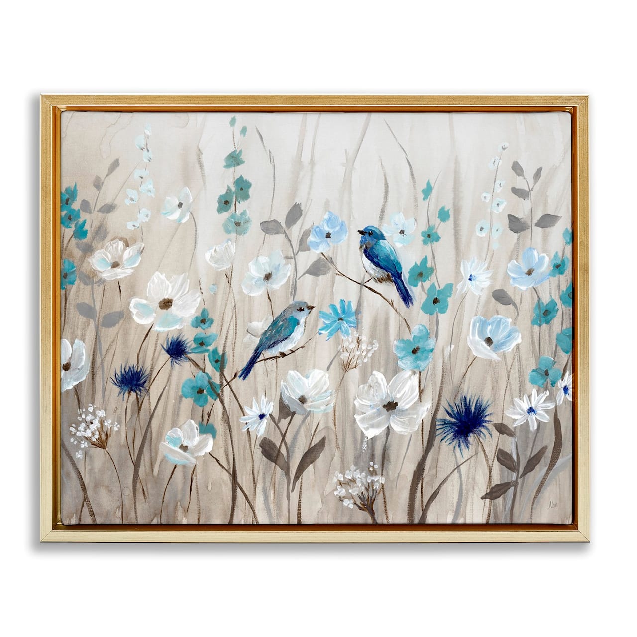 Stupell Industries Birds Floral Meadow Blossoms Floater Framed Art